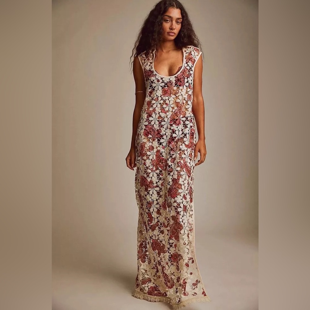 Free people Cream And Pink Floral Lace Maxi Dress size xs